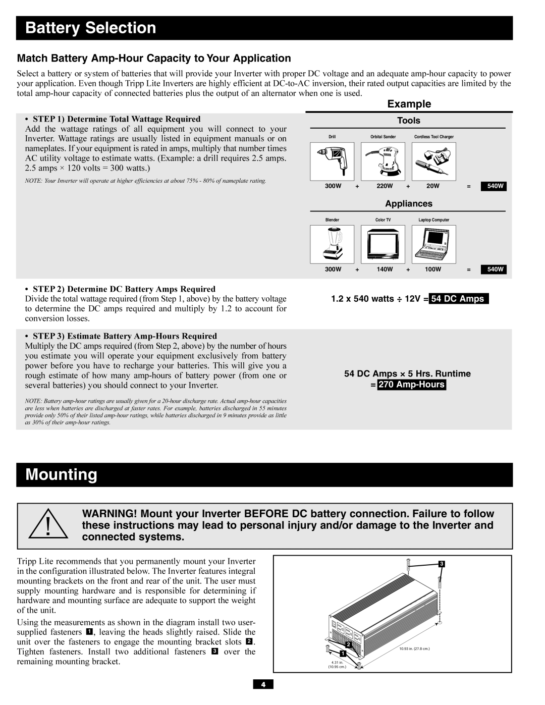 Tripp Lite PV700HF owner manual Battery Selection, Mounting, Match Battery Amp-Hour Capacity to Your Application, Example 