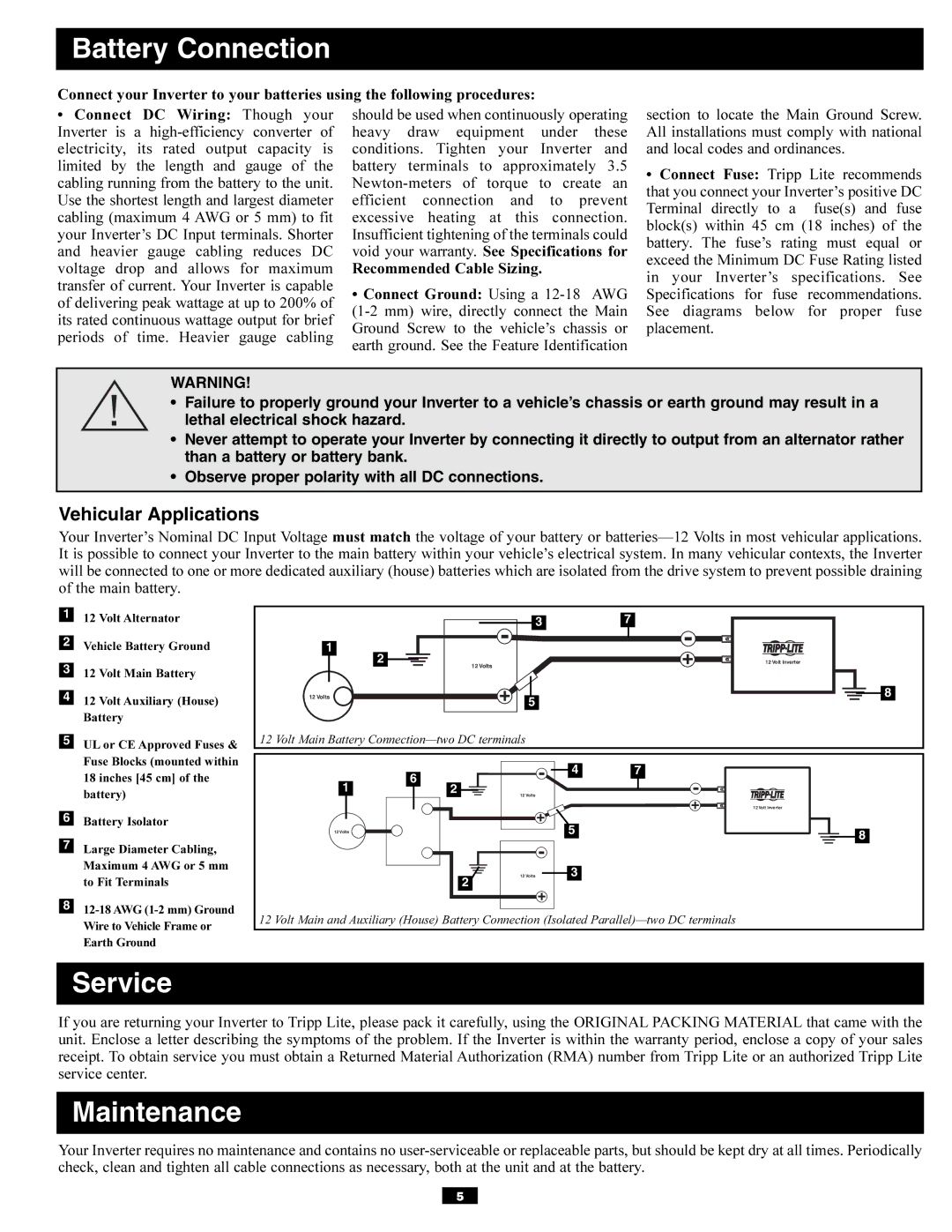 Tripp Lite PV700HF owner manual Battery Connection, Service, Maintenance, Vehicular Applications 