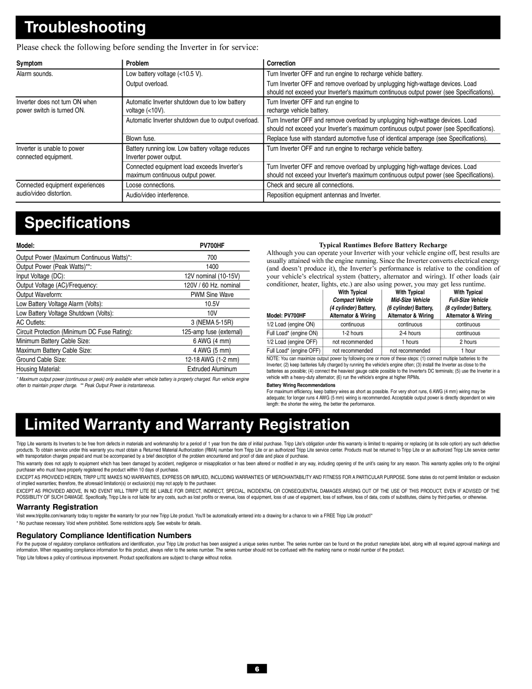 Tripp Lite PV700HF owner manual Troubleshooting, Specifications, Limited Warranty and Warranty Registration 