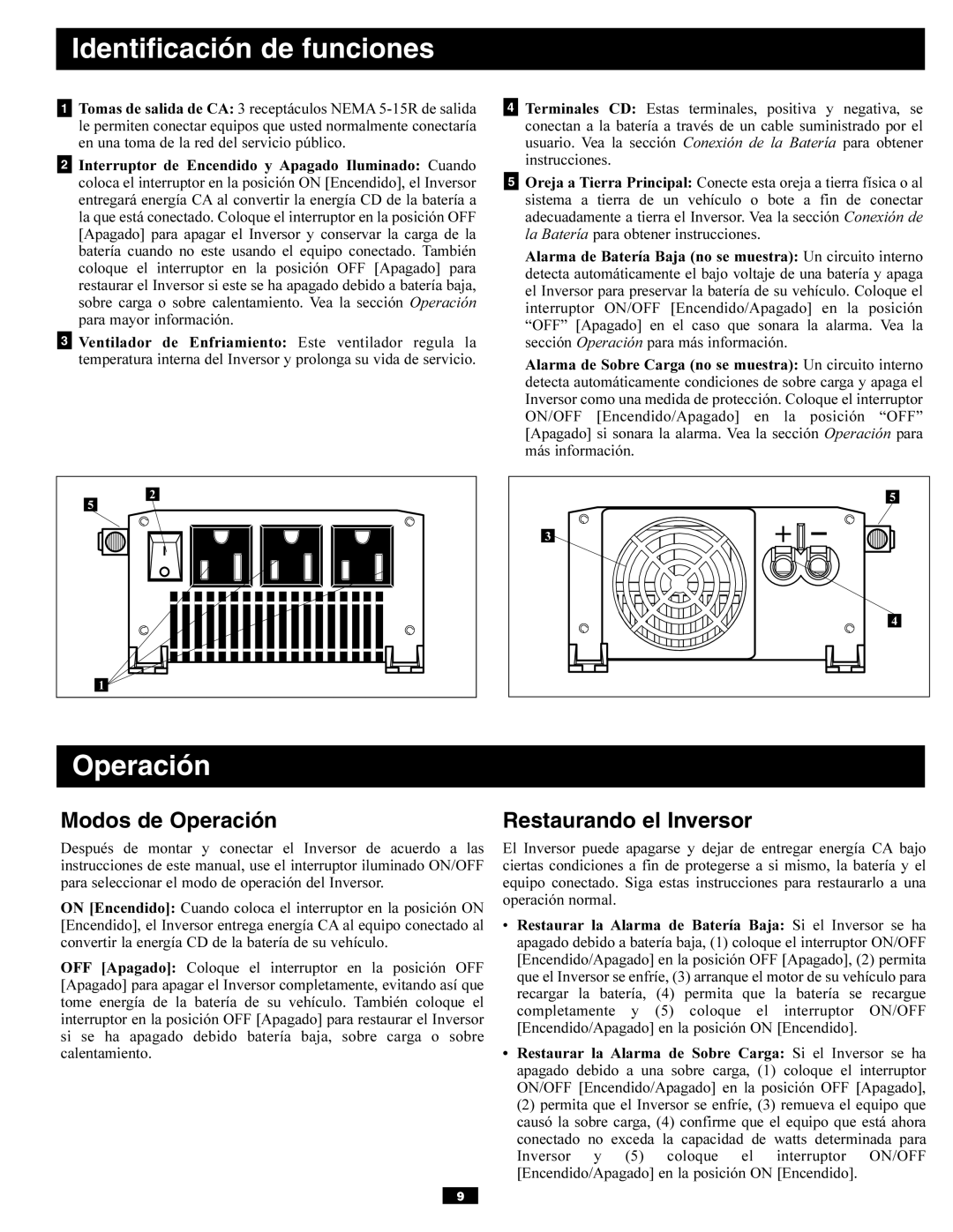 Tripp Lite PV700HF owner manual Identificación de funciones, Modos de Operación, Restaurando el Inversor 