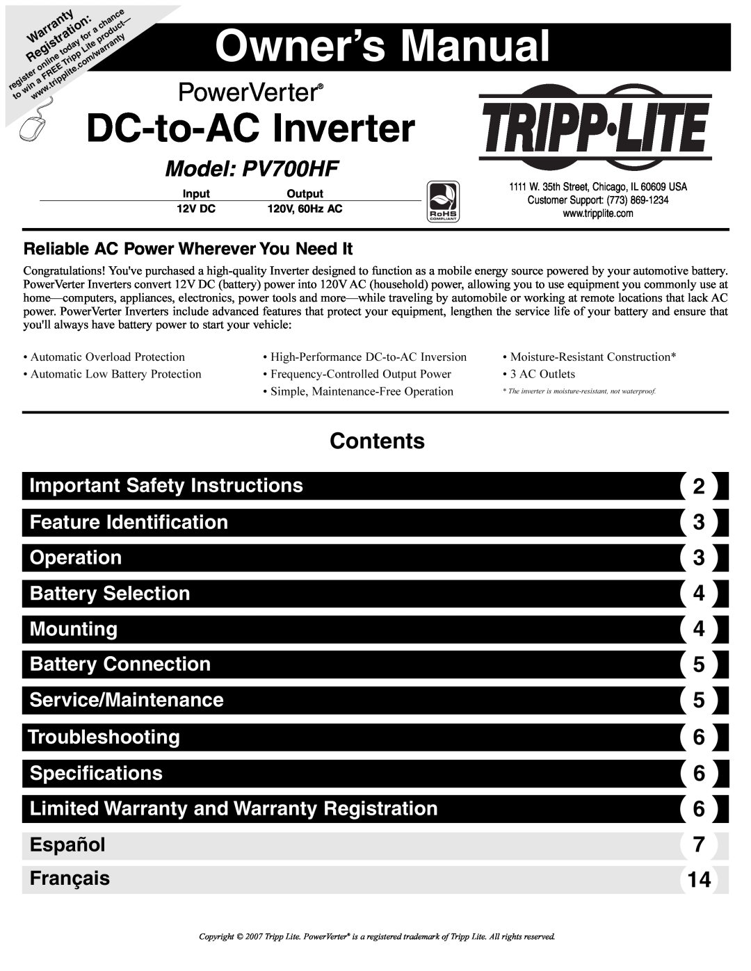 Tripp Lite owner manual DC-to-AC Inverter, PowerVerter, Model PV700HF, Contents, Important Safety Instructions, Español 