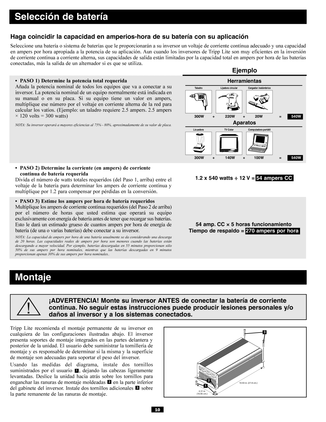 Tripp Lite PV700HF owner manual Selección de batería, Montaje 