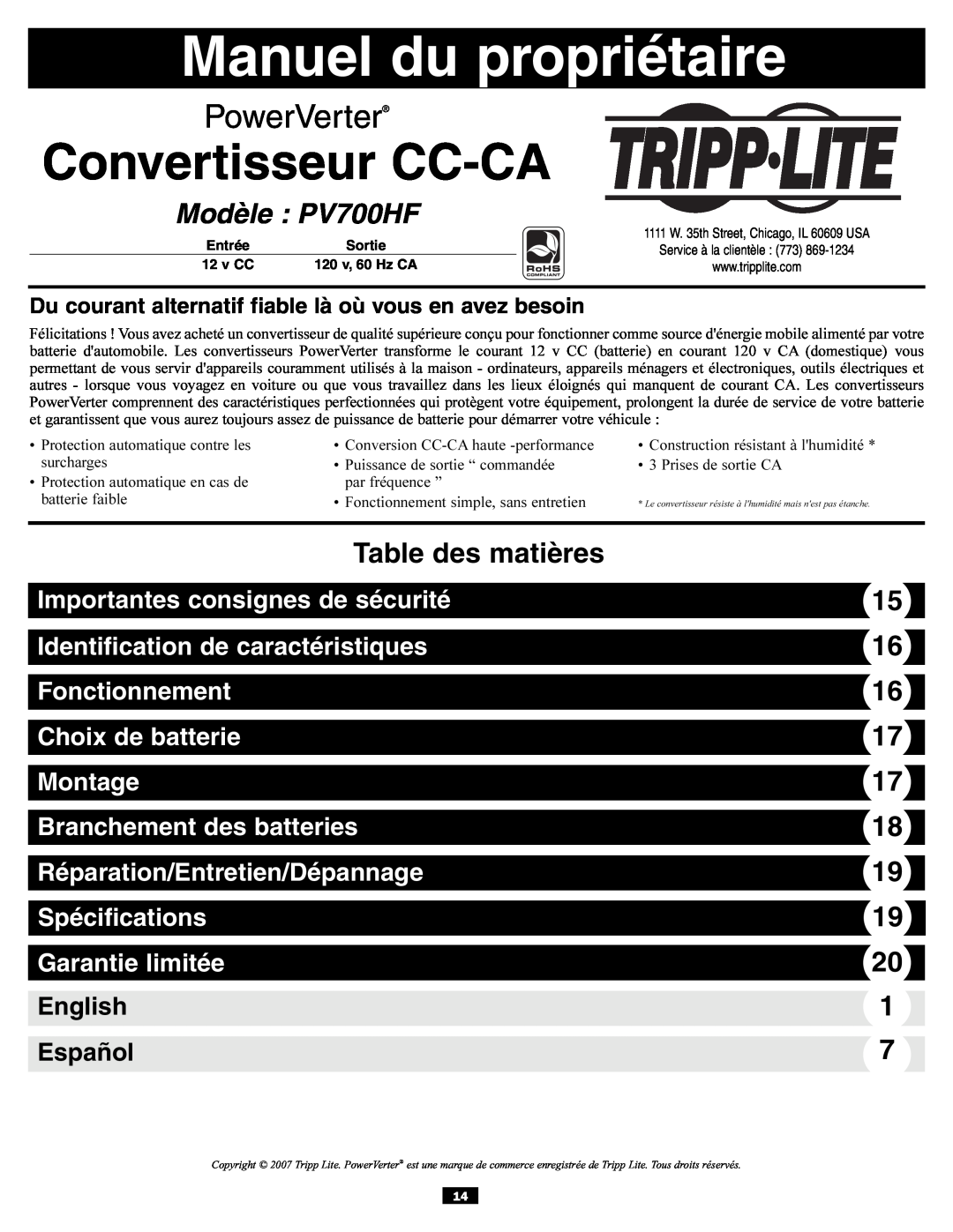 Tripp Lite Manuel du propriétaire, Convertisseur CC-CA, Modèle PV700HF, Table des matières, Fonctionnement, Montage 