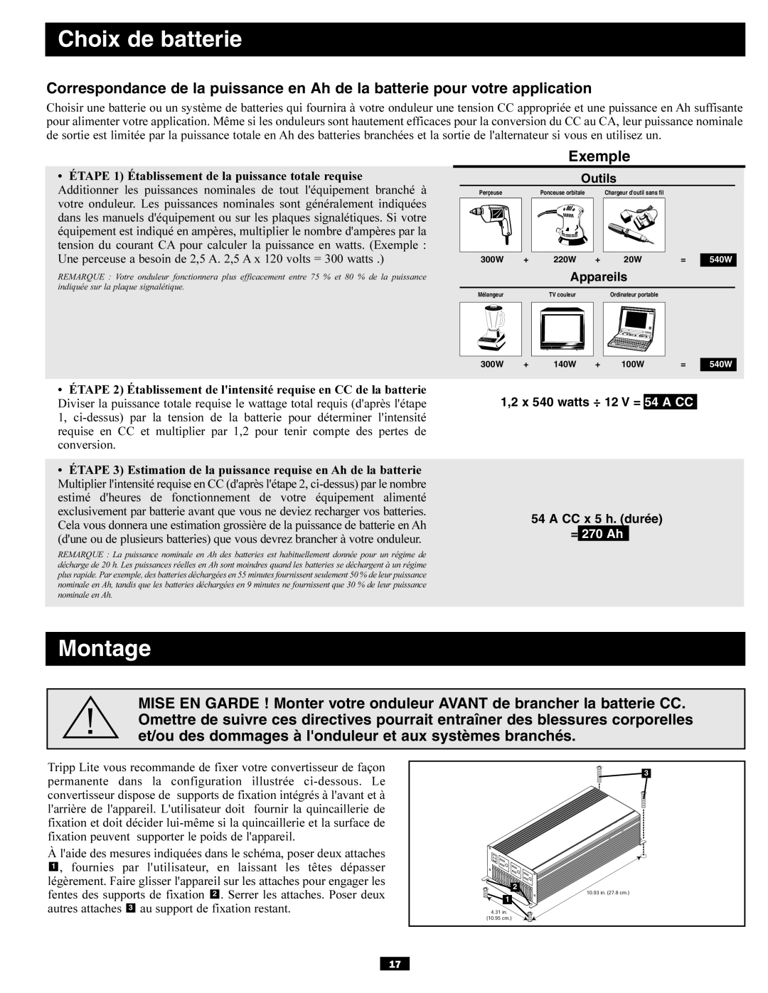 Tripp Lite PV700HF owner manual Choix de batterie, Montage 