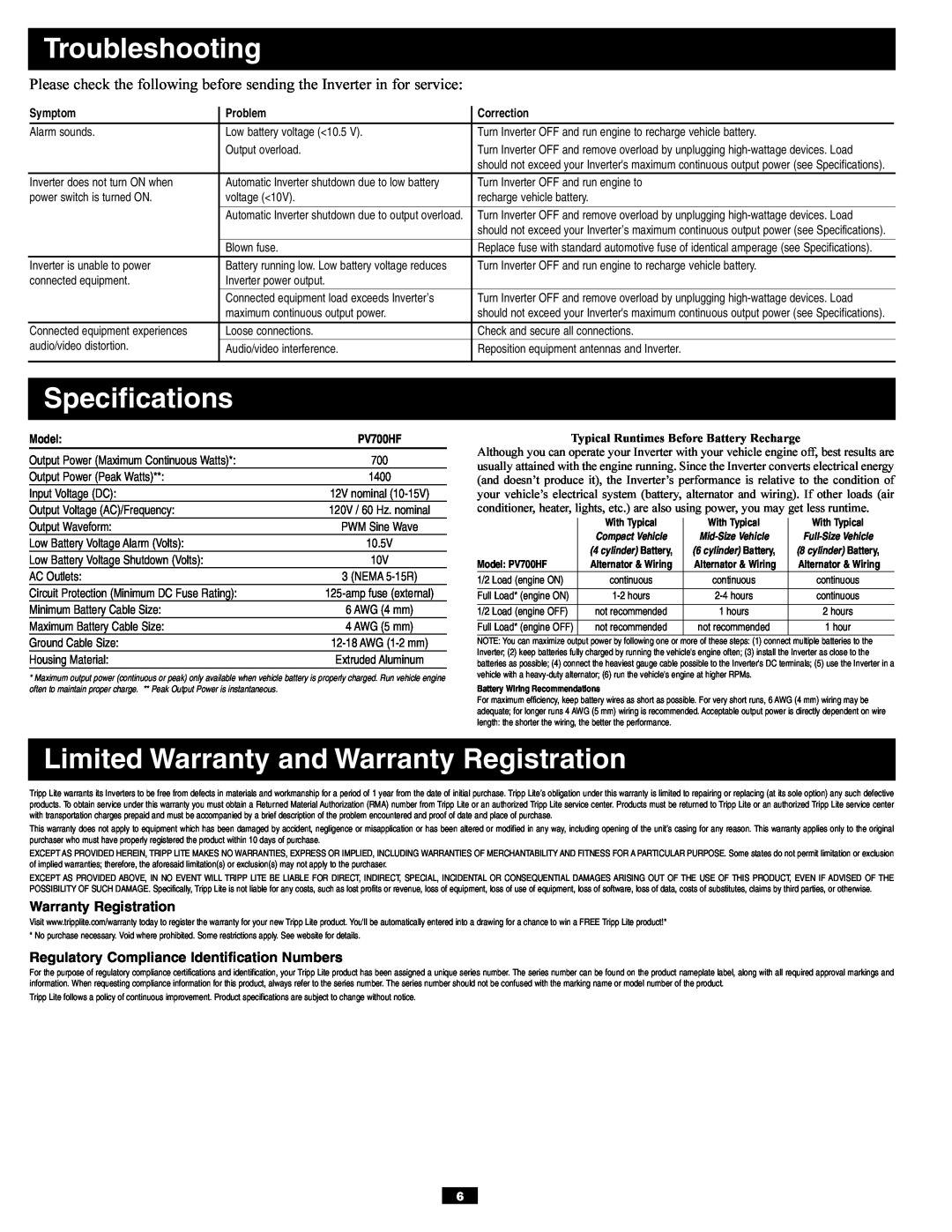 Tripp Lite PV700HF Troubleshooting, Specifications, Limited Warranty and Warranty Registration, Symptom, Problem, Model 