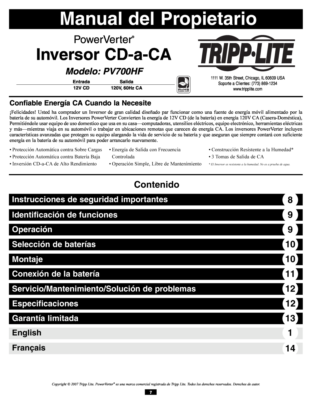 Tripp Lite Manual del Propietario, Inversor CD-a-CA, Modelo PV700HF, Contenido, Instrucciones de seguridad importantes 
