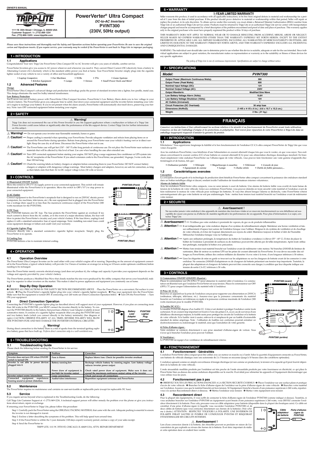 Tripp Lite PVINT300 specifications Introduction, Safety, Warranty, Specifications, Controls, Securite, Operation 