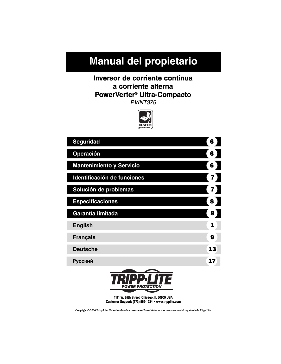 Tripp Lite PVINT375 Manual del propietario, Seguridad, Operación, Mantenimiento y Servicio, Identificación de funciones 