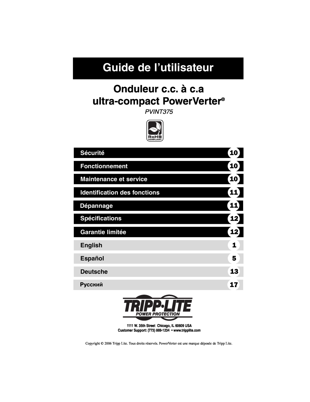 Tripp Lite PVINT375 Guide de l’utilisateur, Sécurité, Fonctionnement, Maintenance et service, Identification des fonctions 