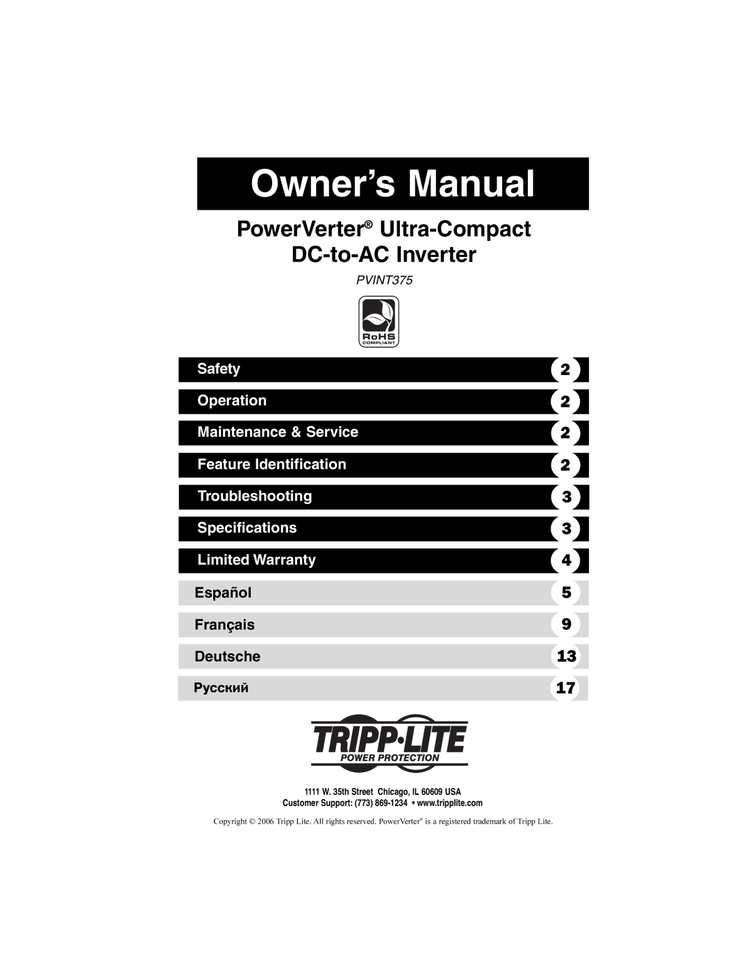 Tripp Lite PVINT375 owner manual PowerVerter Ultra-Compact DC-to-AC Inverter, Español Français Deutsche 