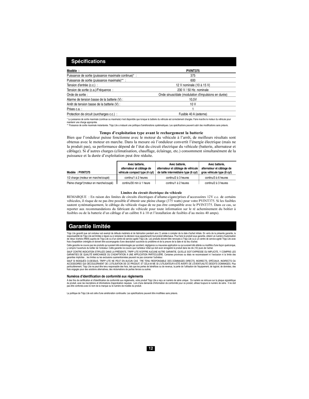 Tripp Lite PVINT375 owner manual Garantie limitée, Modèle, Numéros didentification de conformité aux règlements 