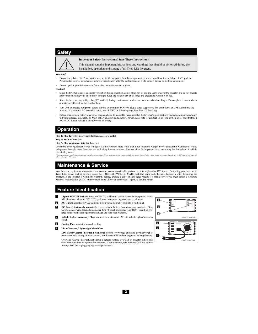 Tripp Lite PVINT375 owner manual Safety, Operation, Maintenance & Service, Feature Identification 