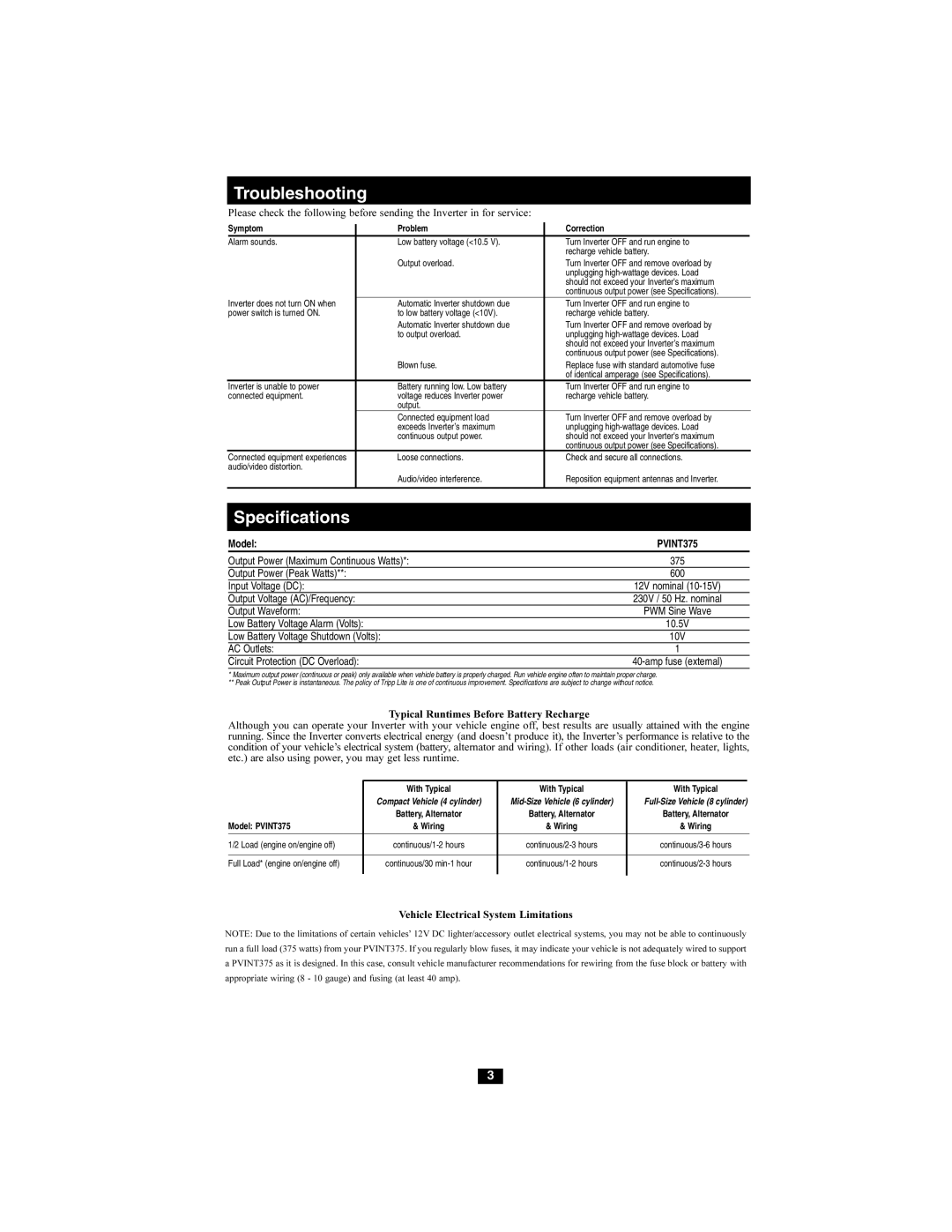 Tripp Lite PVINT375 owner manual Troubleshooting, Specifications, Model 