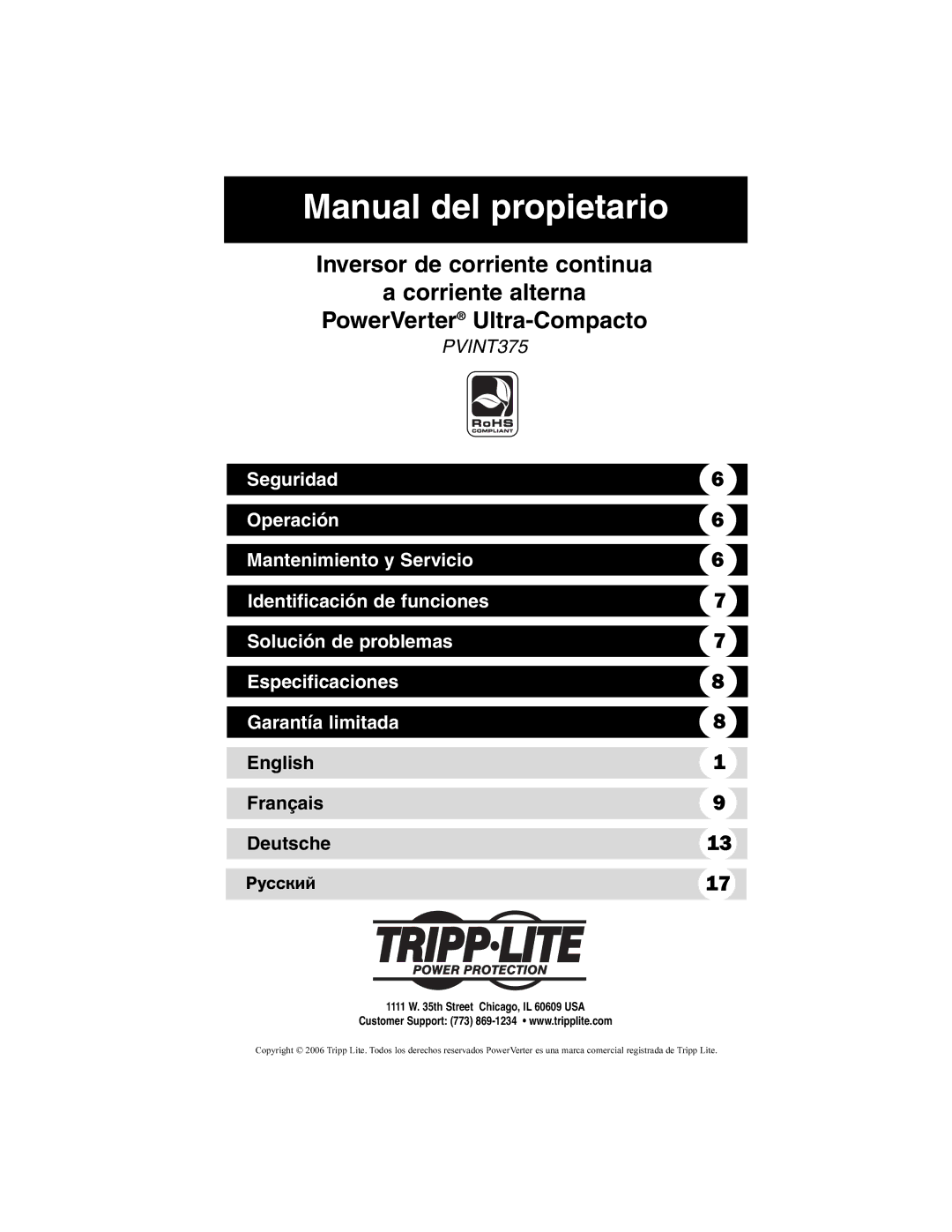 Tripp Lite PVINT375 owner manual Manual del propietario, English Français Deutsche 