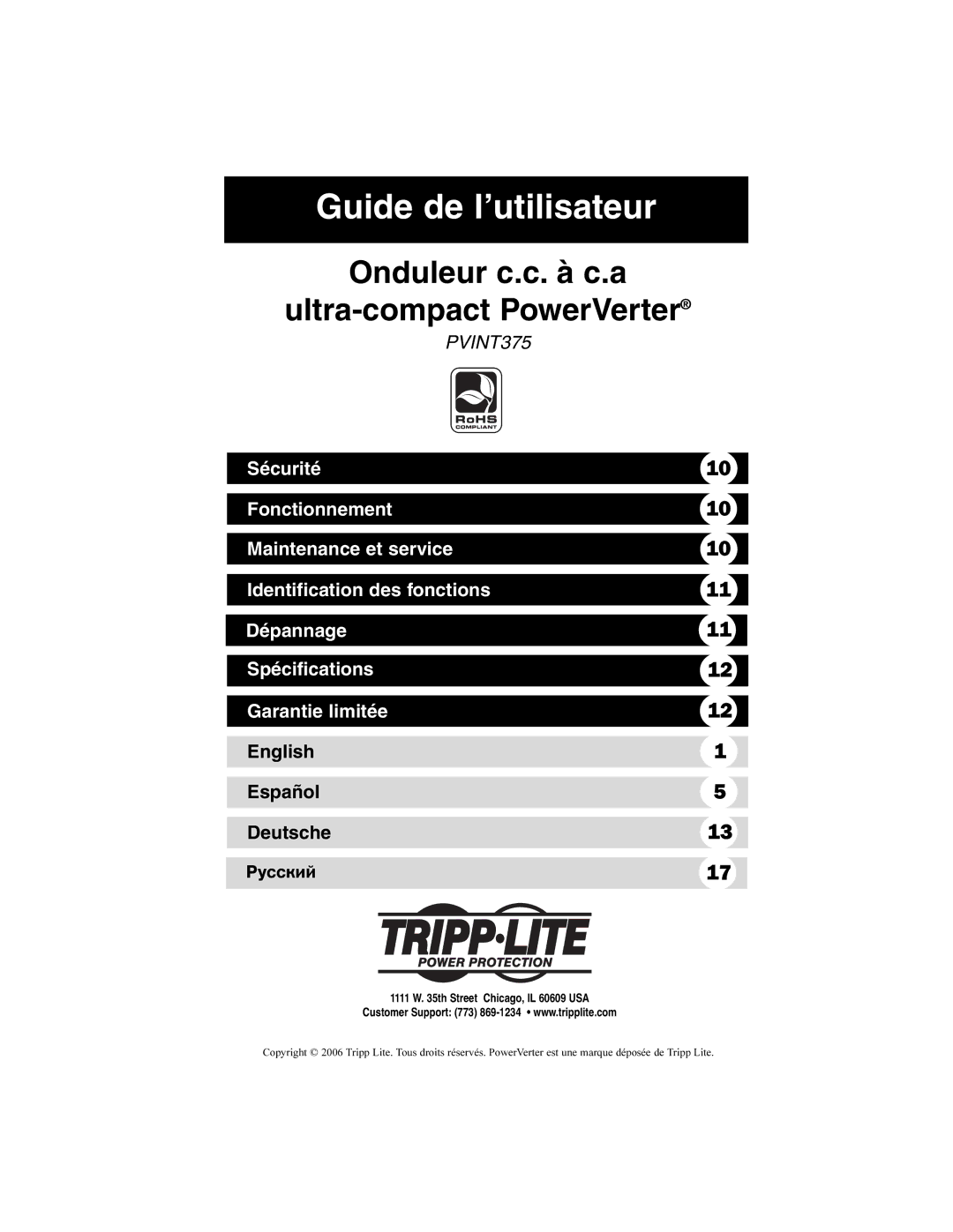 Tripp Lite PVINT375 owner manual Guide de l’utilisateur, English Español Deutsche 