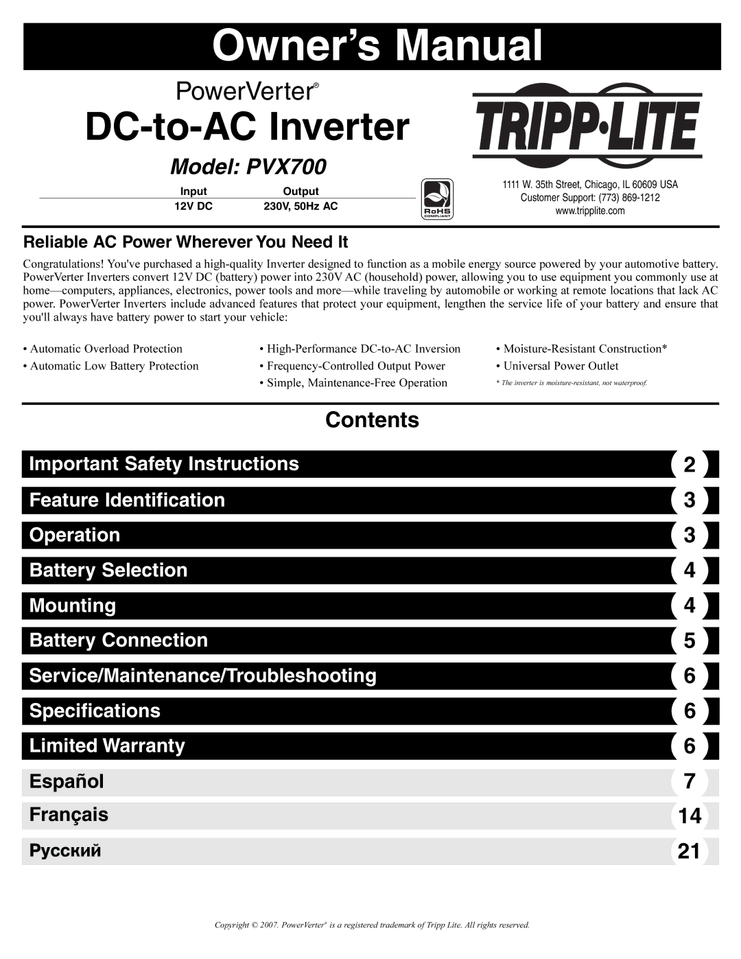 Tripp Lite PVX700 owner manual DC-to-AC Inverter 