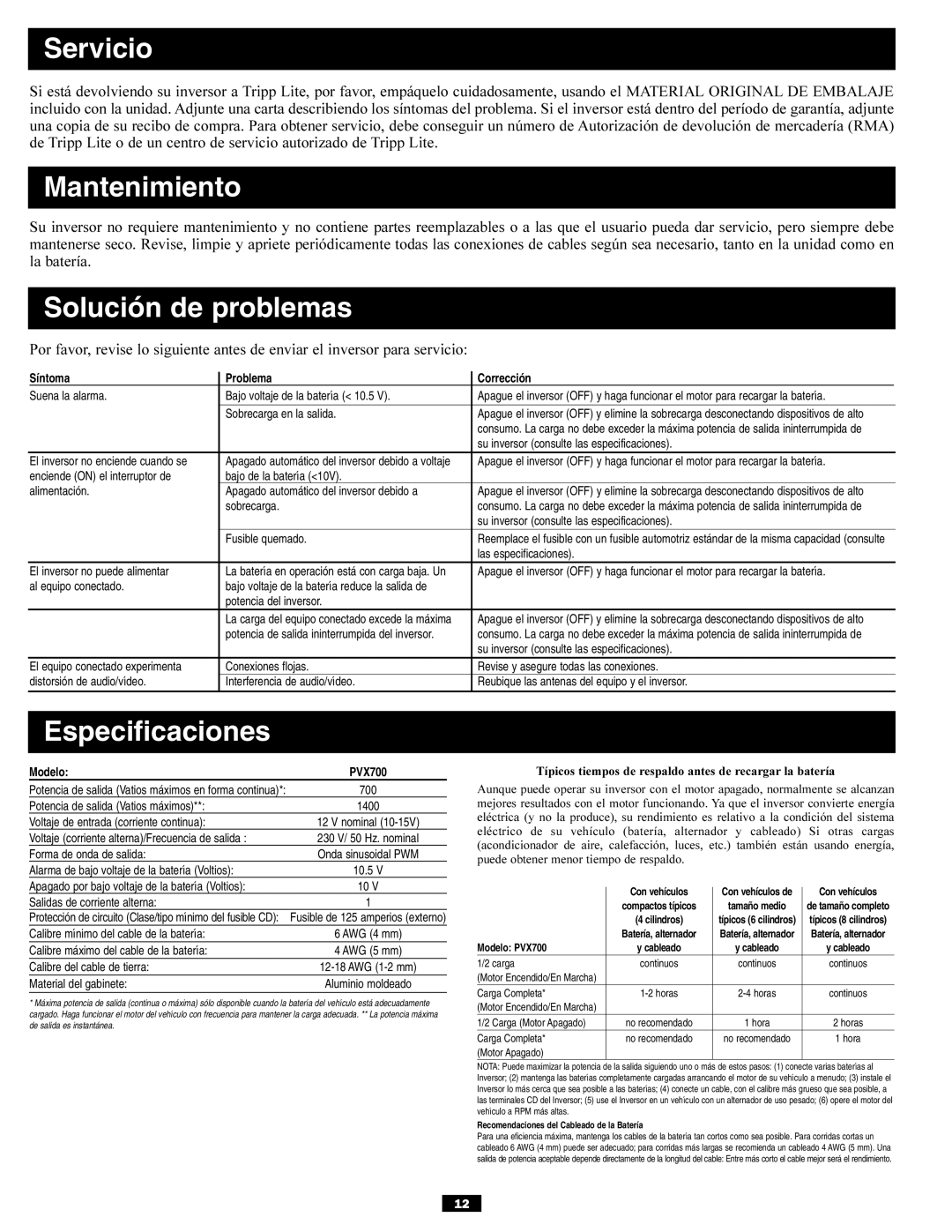 Tripp Lite PVX700 owner manual Servicio, Mantenimiento, Solución de problemas, Especificaciones 