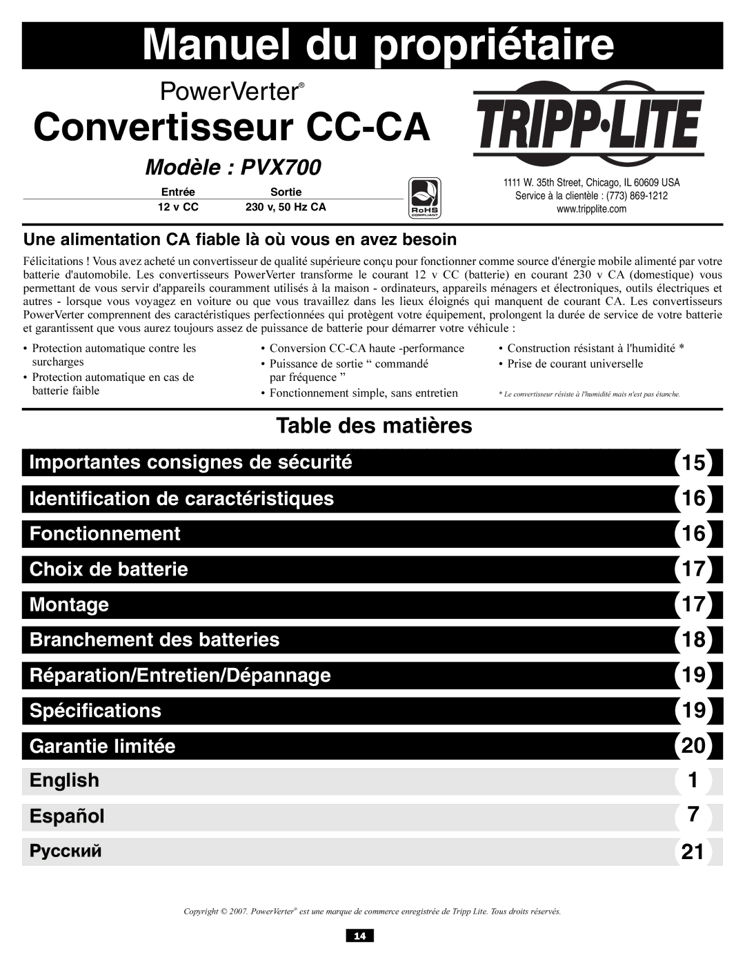 Tripp Lite PVX700 owner manual Manuel du propriétaire, Une alimentation CA fiable là où vous en avez besoin 