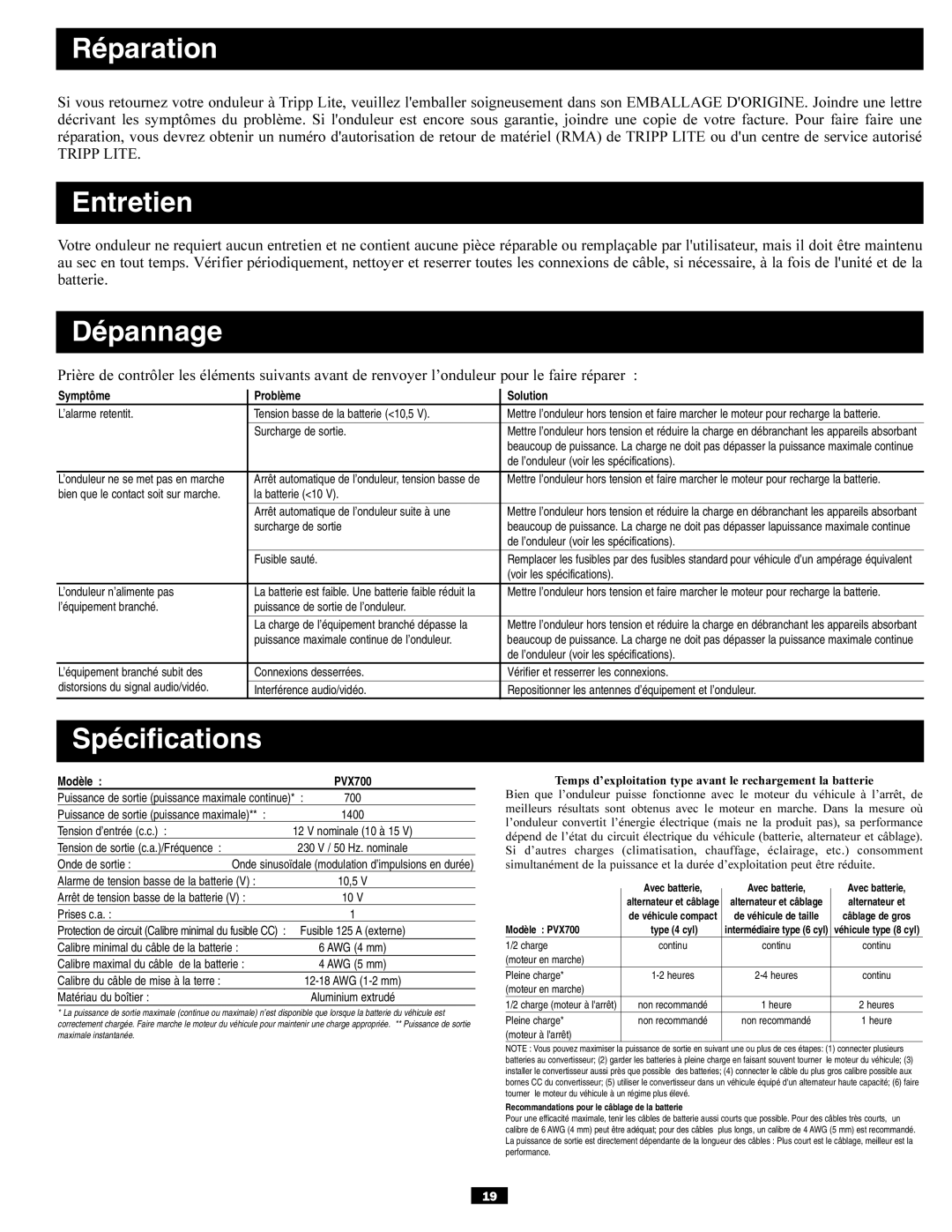 Tripp Lite PVX700 owner manual Réparation, Entretien, Dépannage, Spécifications 