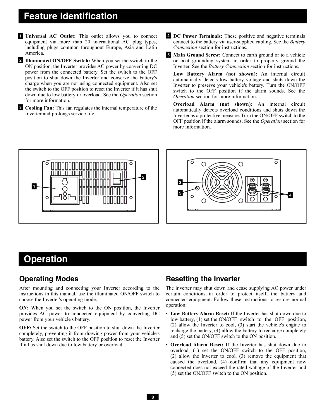 Tripp Lite PVX700 owner manual Feature Identification, Operation, Operating Modes, Resetting the Inverter 