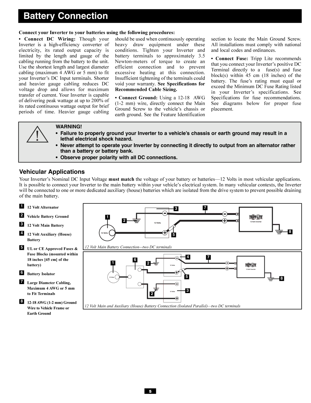 Tripp Lite PVX700 owner manual Battery Connection, Vehicular Applications 