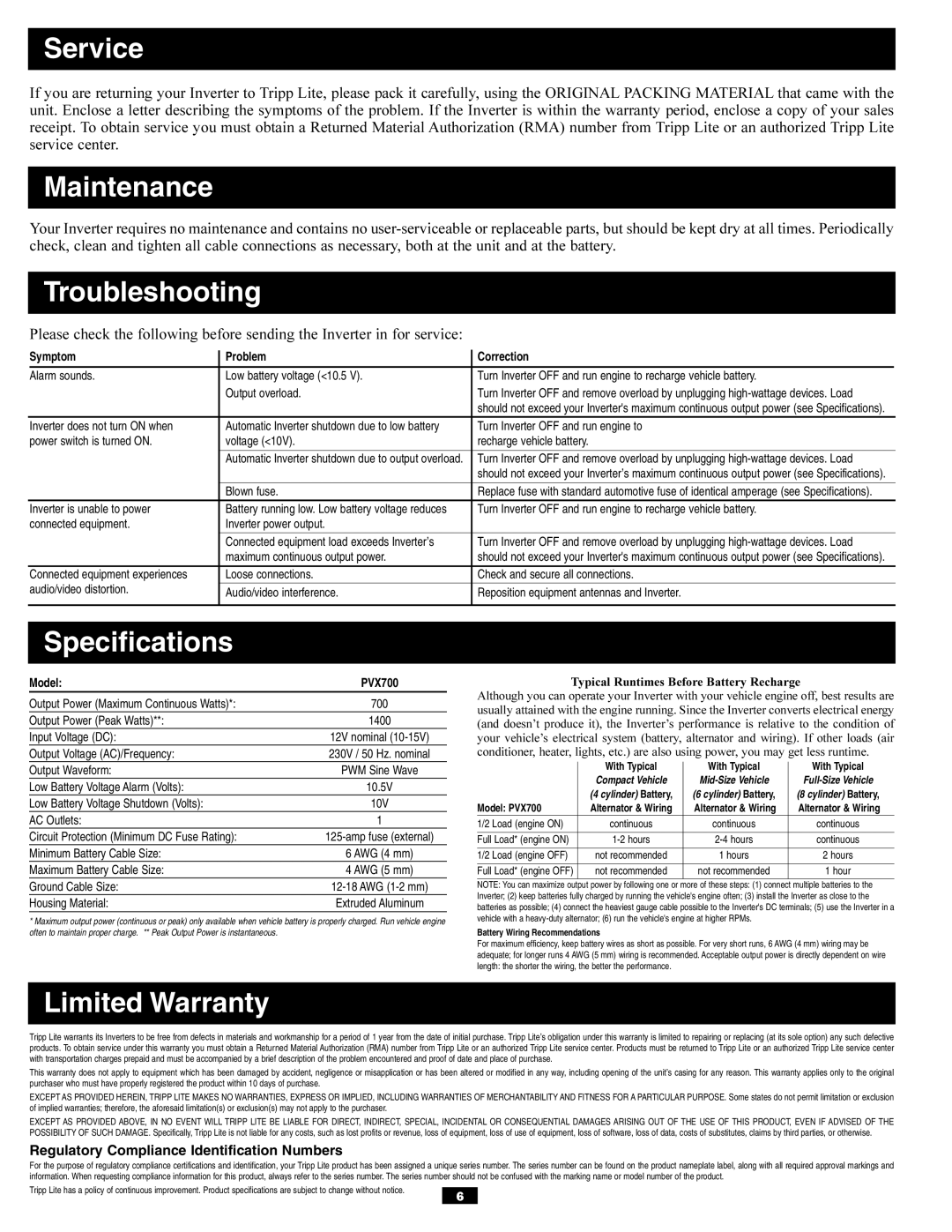 Tripp Lite PVX700 owner manual Service, Maintenance, Troubleshooting, Specifications, Limited Warranty 