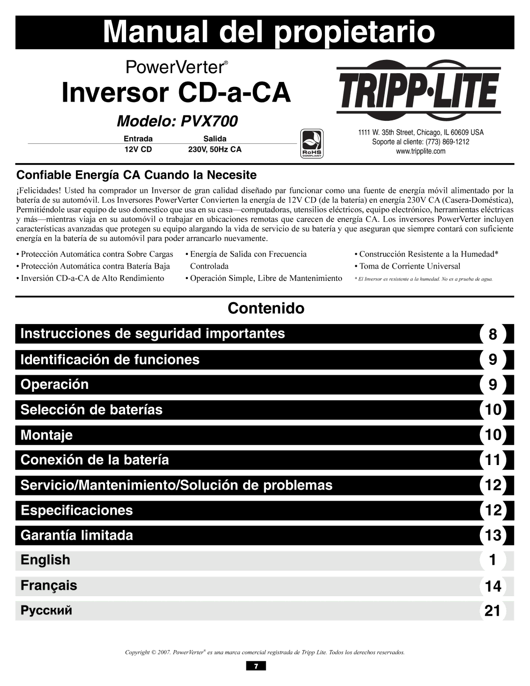 Tripp Lite PVX700 owner manual Manual del propietario, Confiable Energía CA Cuando la Necesite 