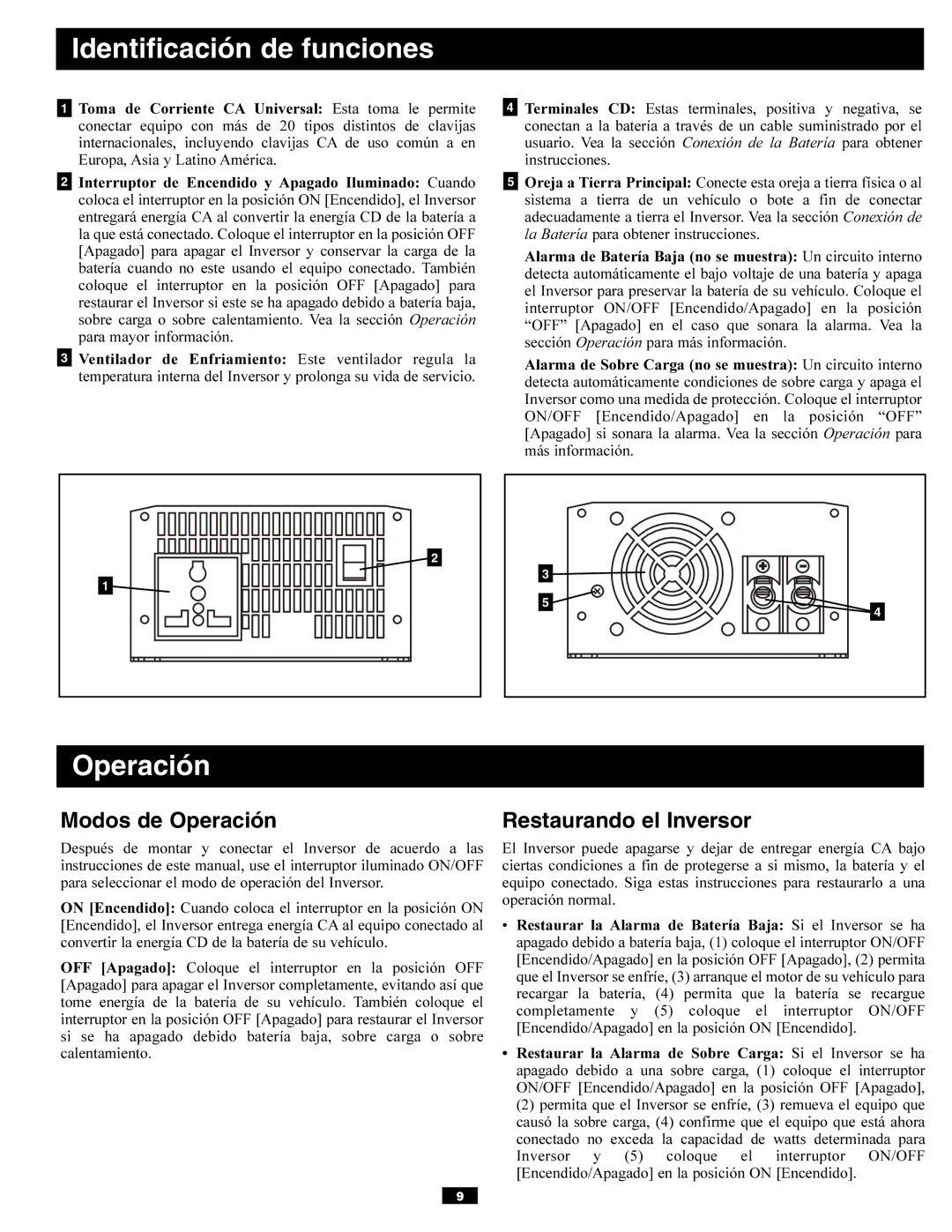 Tripp Lite PVX700 owner manual Identificación de funciones, Modos de Operación, Restaurando el Inversor 