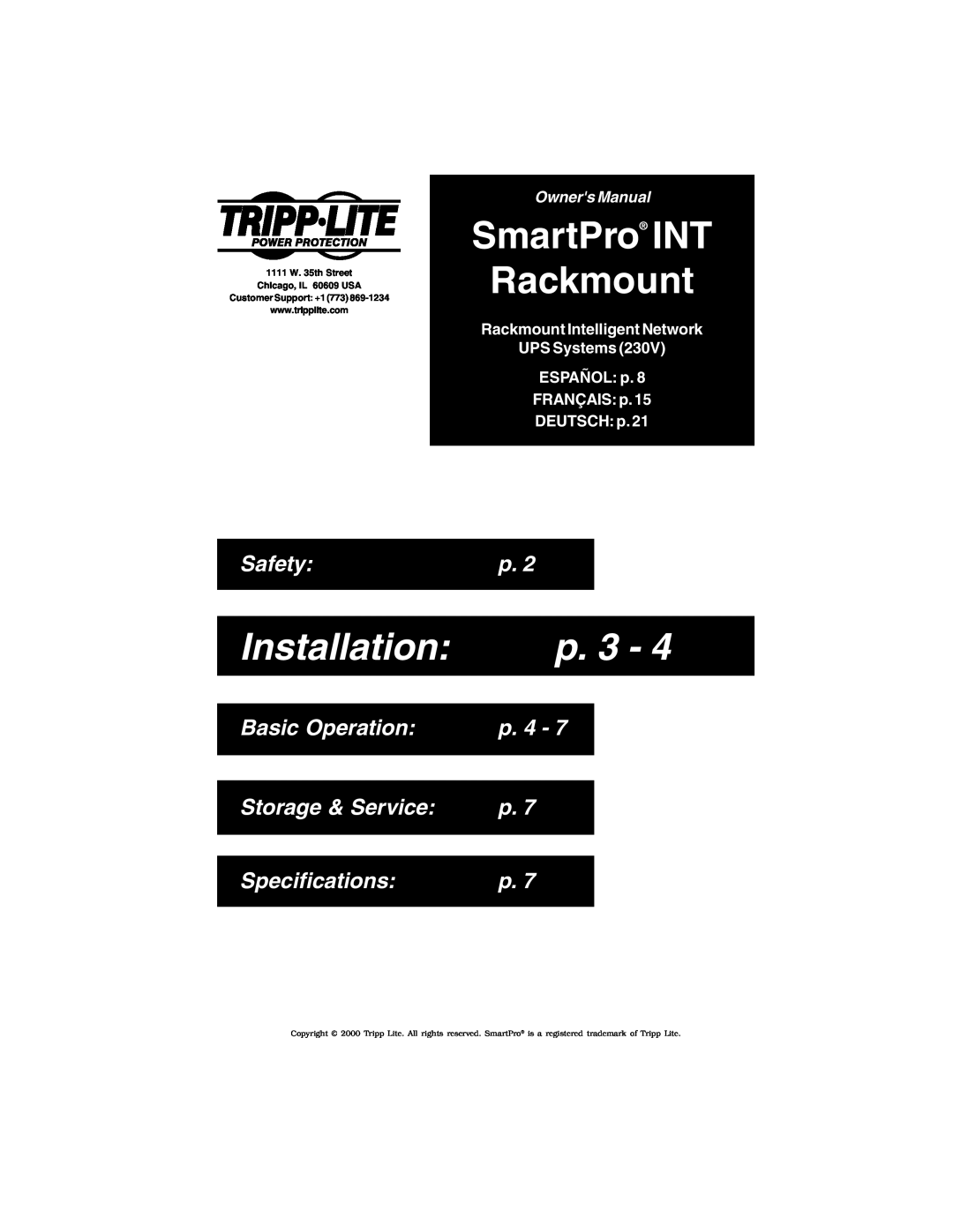 Tripp Lite Rackmount Intelligent Network UPS Systems owner manual SmartPro INT Rackmount, Installation, p. 3, Safety, p. 4 