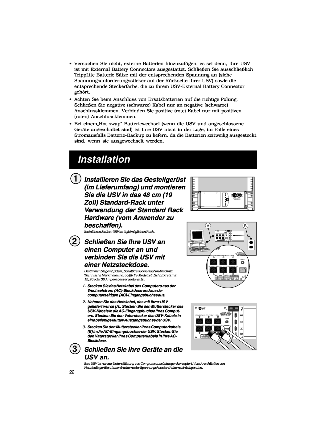 Tripp Lite Rackmount Intelligent Network UPS Systems owner manual Schließen Sie Ihre Geräte an die USV an, Installation 