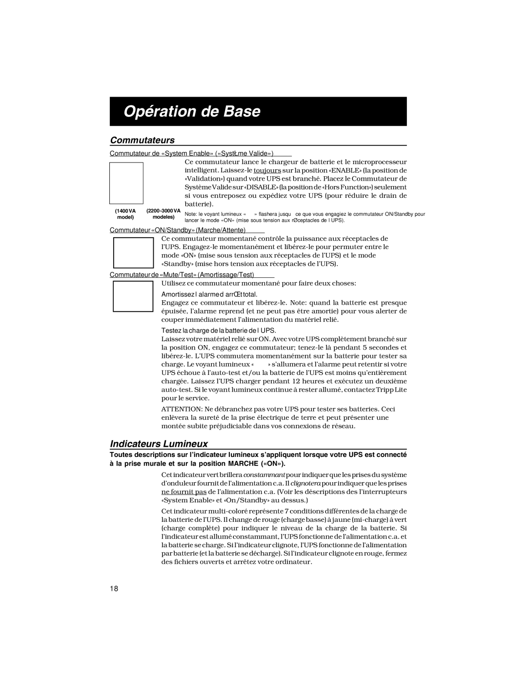 Tripp Lite Rackmount Intelligent Network UPS Systems owner manual Opération de Base, Indicateurs Lumineux 