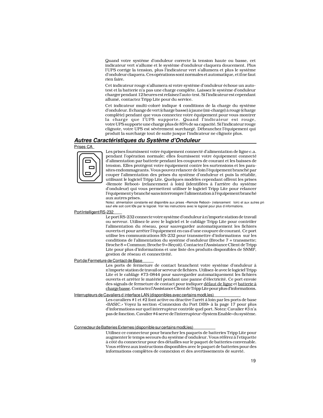 Tripp Lite Rackmount Intelligent Network UPS Systems owner manual Autres Caractéristiques du Système d’Onduleur 