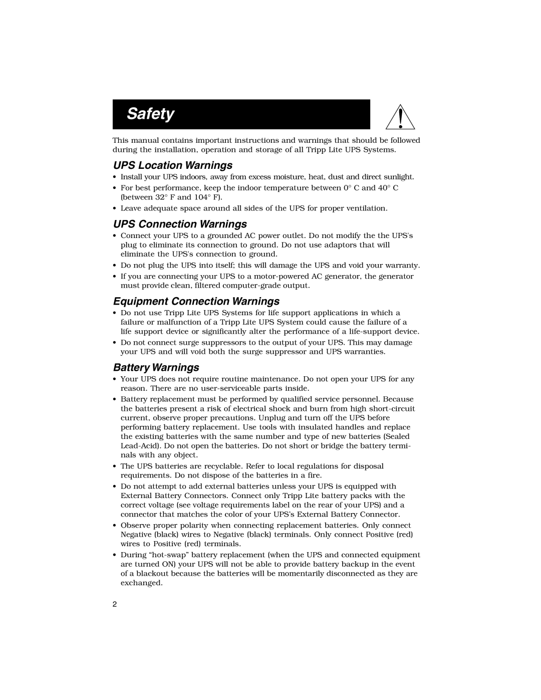 Tripp Lite Rackmount Intelligent Network UPS Systems owner manual Safety, UPS Location Warnings, UPS Connection Warnings 