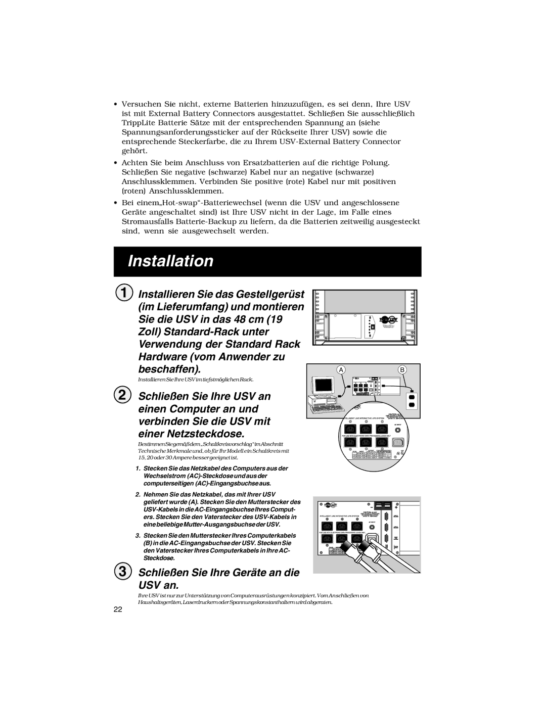 Tripp Lite Rackmount Intelligent Network UPS Systems owner manual Installation, Schließen Sie Ihre Geräte an die USV an 