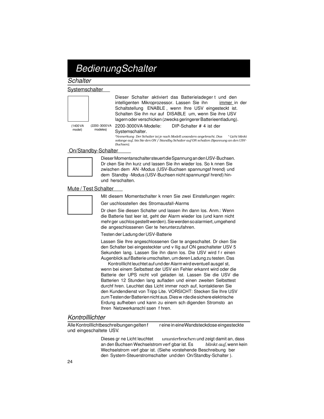 Tripp Lite Rackmount Intelligent Network UPS Systems owner manual BedienungSchalter, Kontrolllichter 