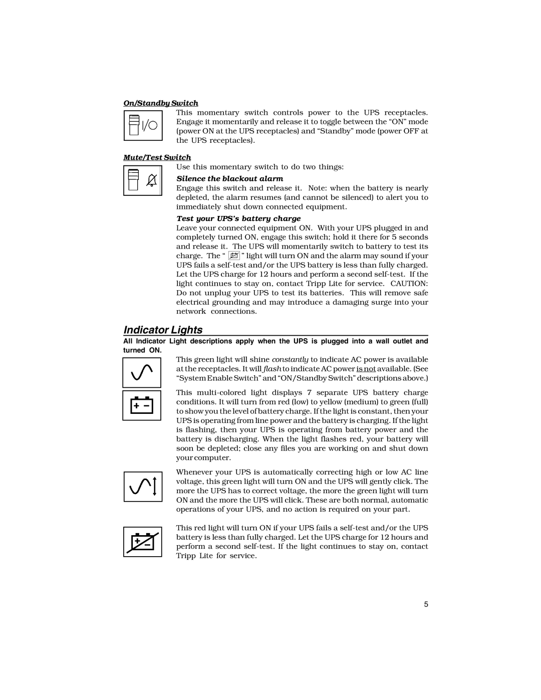 Tripp Lite Rackmount Intelligent Network UPS Systems owner manual Indicator Lights, On/Standby Switch, Mute/Test Switch 