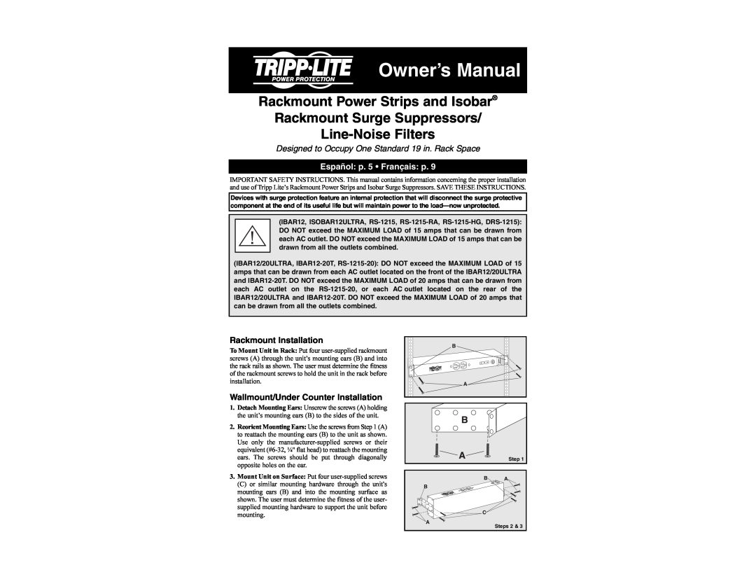 Tripp Lite Rackmount Surge Suppressor/Line-Noise Filter owner manual Rackmount Installation, Owner’s Manual 