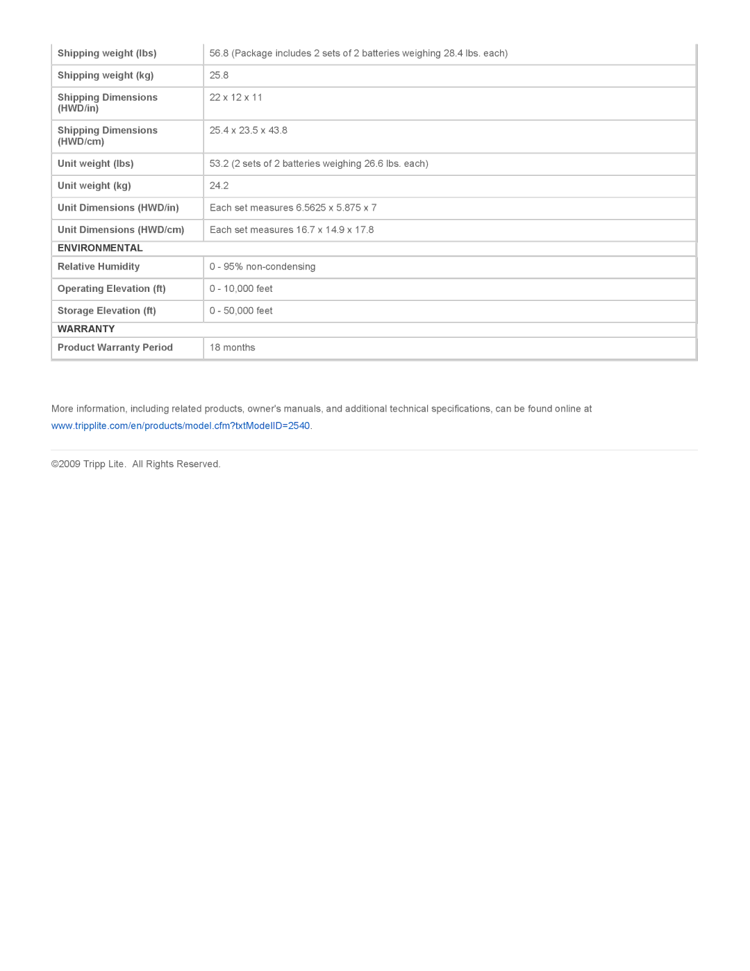 Tripp Lite RBC11A specifications Environmental, Warranty 