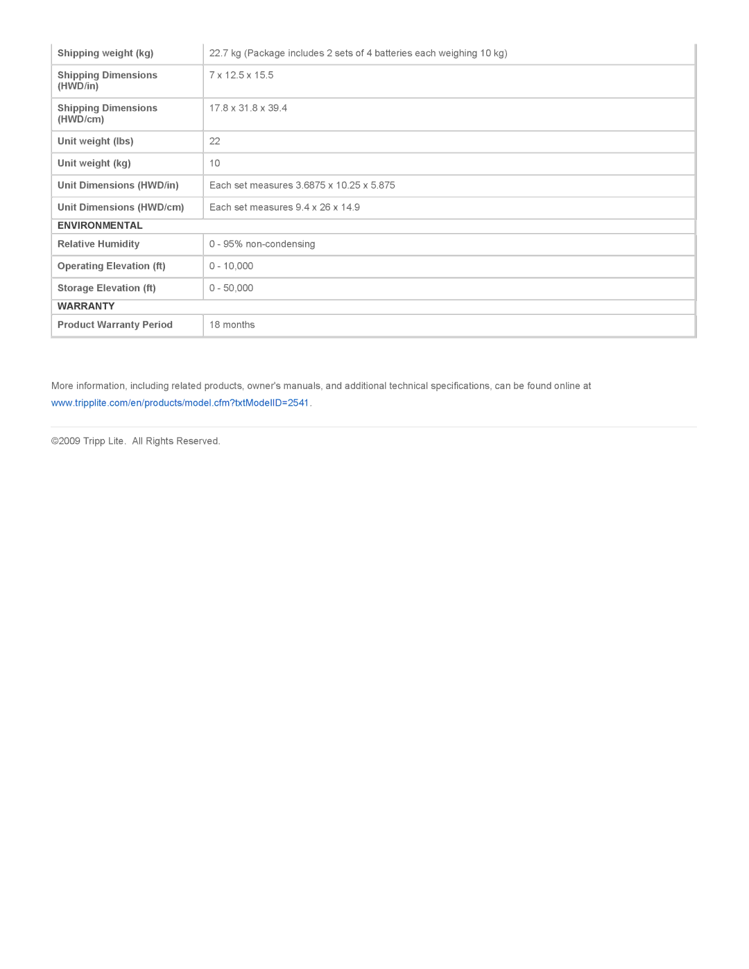 Tripp Lite RBC12A specifications Environmental, Warranty 