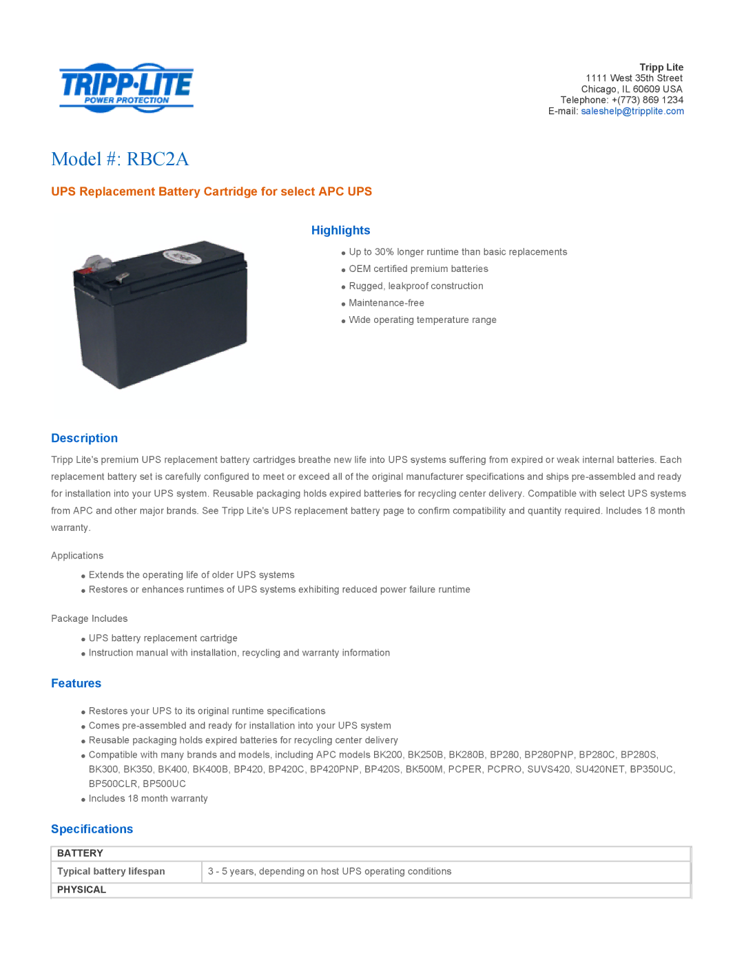 Tripp Lite specifications Model # RBC2A, UPS Replacement Battery Cartridge for select APC UPS 