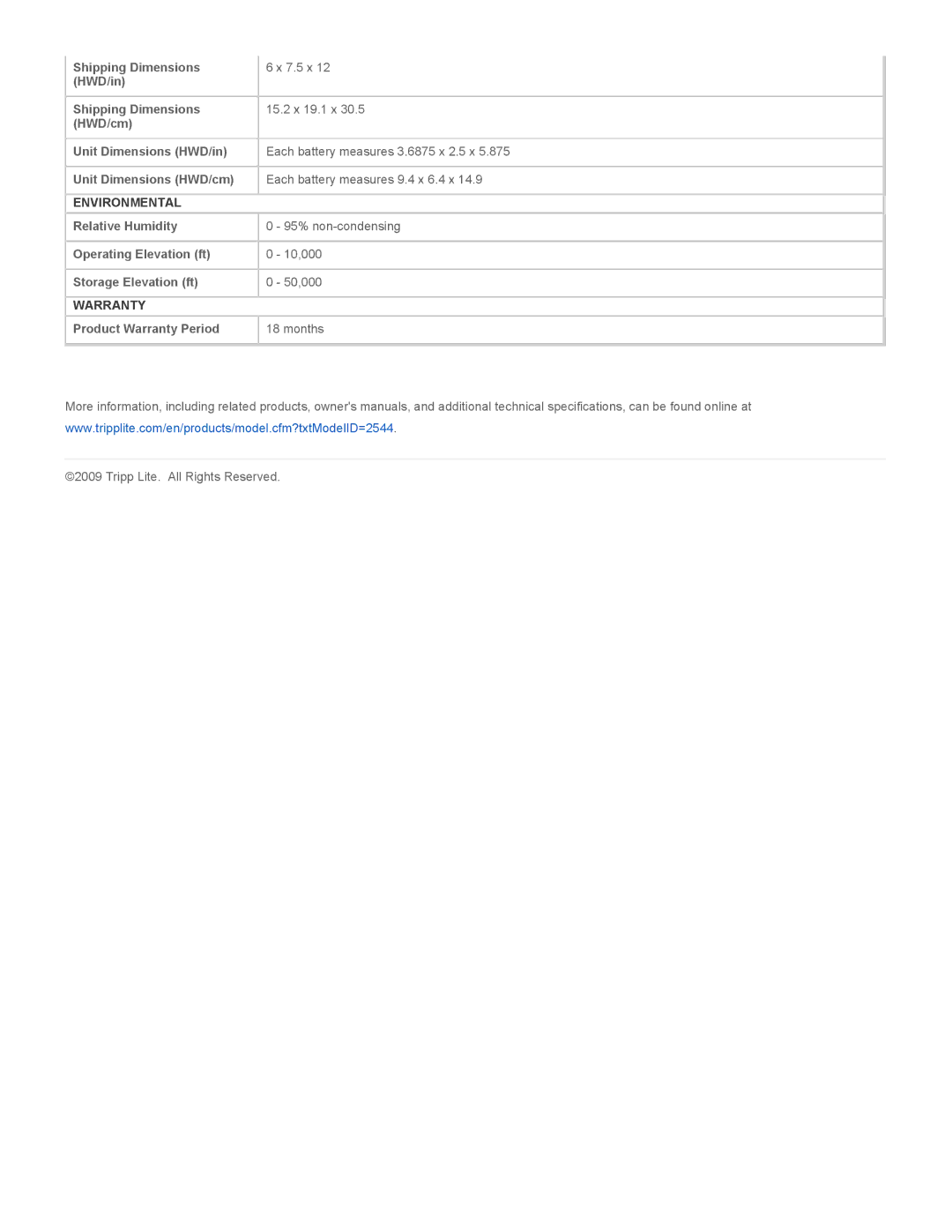 Tripp Lite RBC53 specifications Environmental, Warranty 