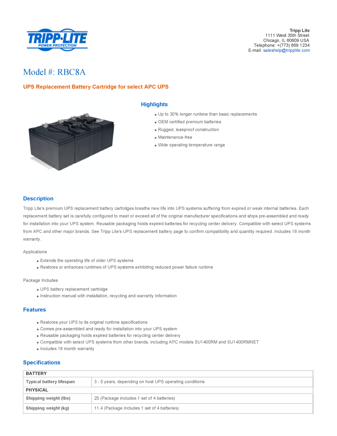 Tripp Lite specifications Model # RBC8A, UPS Replacement Battery Cartridge for select APC UPS 