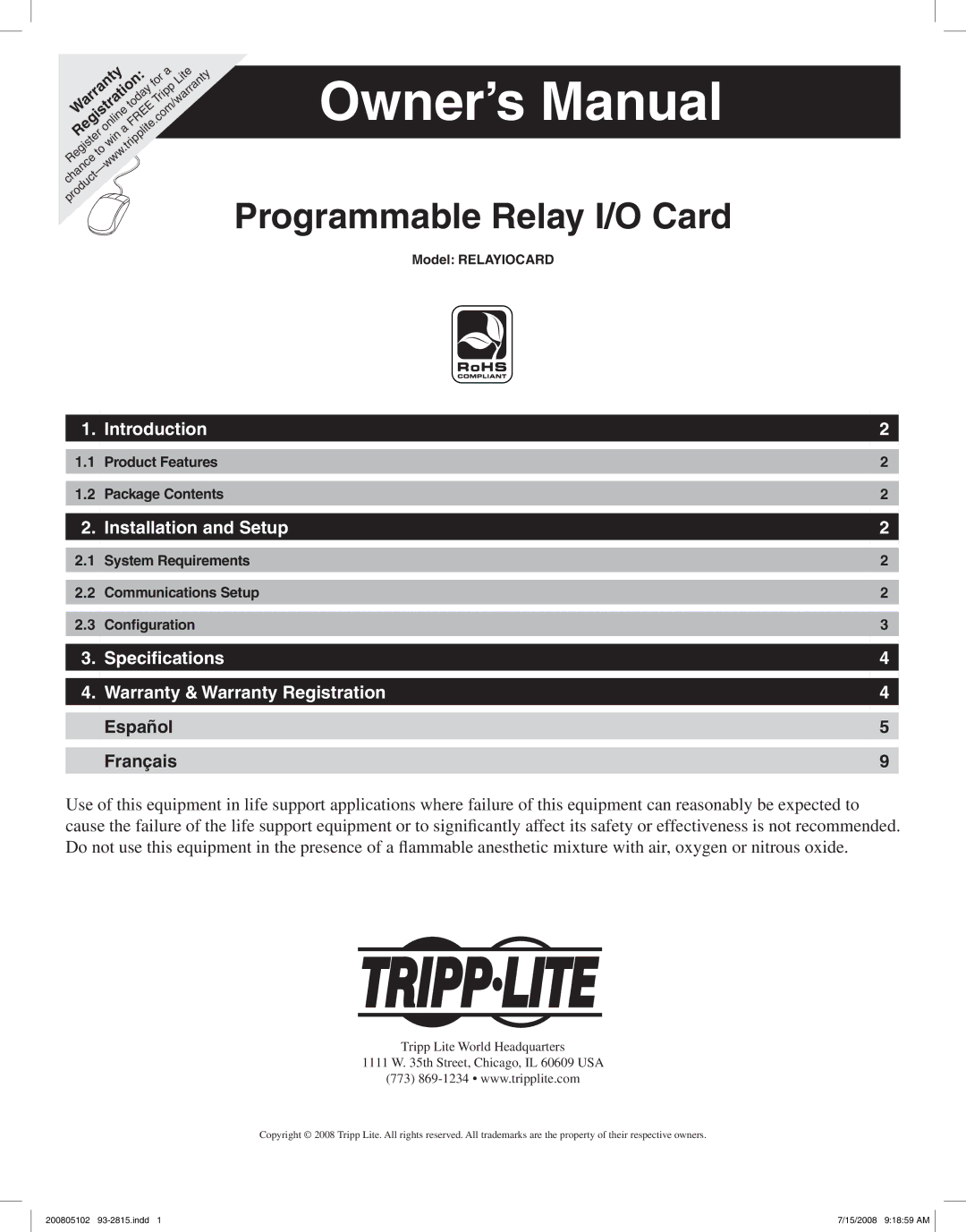 Tripp Lite RELAYIOCARD owner manual Programmable Relay I/O Card, Introduction, Installation and Setup, Español Français 