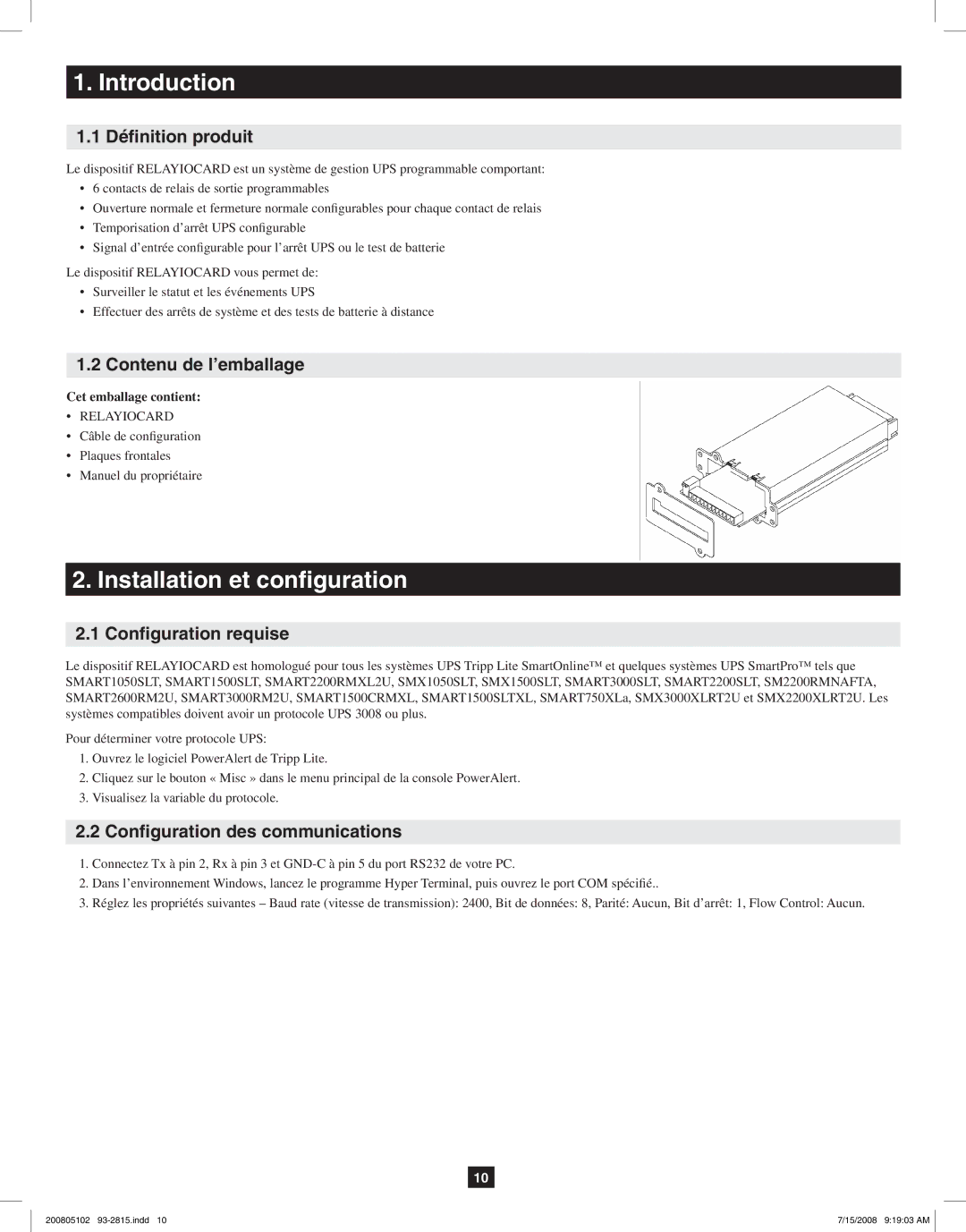 Tripp Lite RELAYIOCARD Installation et configuration, Définition produit, Contenu de l’emballage, Configuration requise 