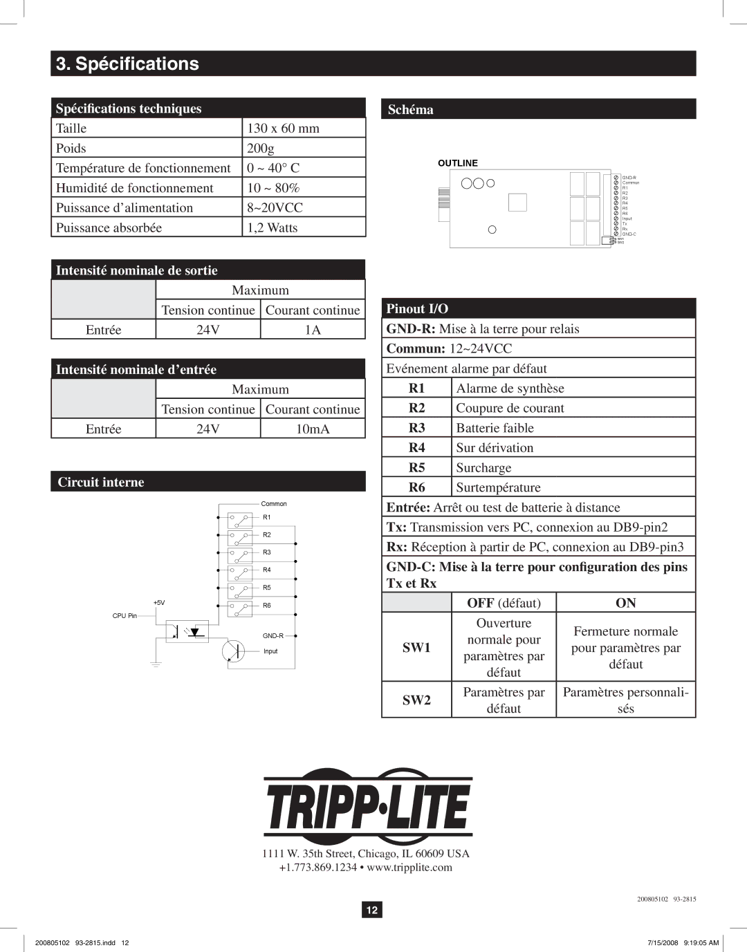 Tripp Lite RELAYIOCARD owner manual Spécifications 