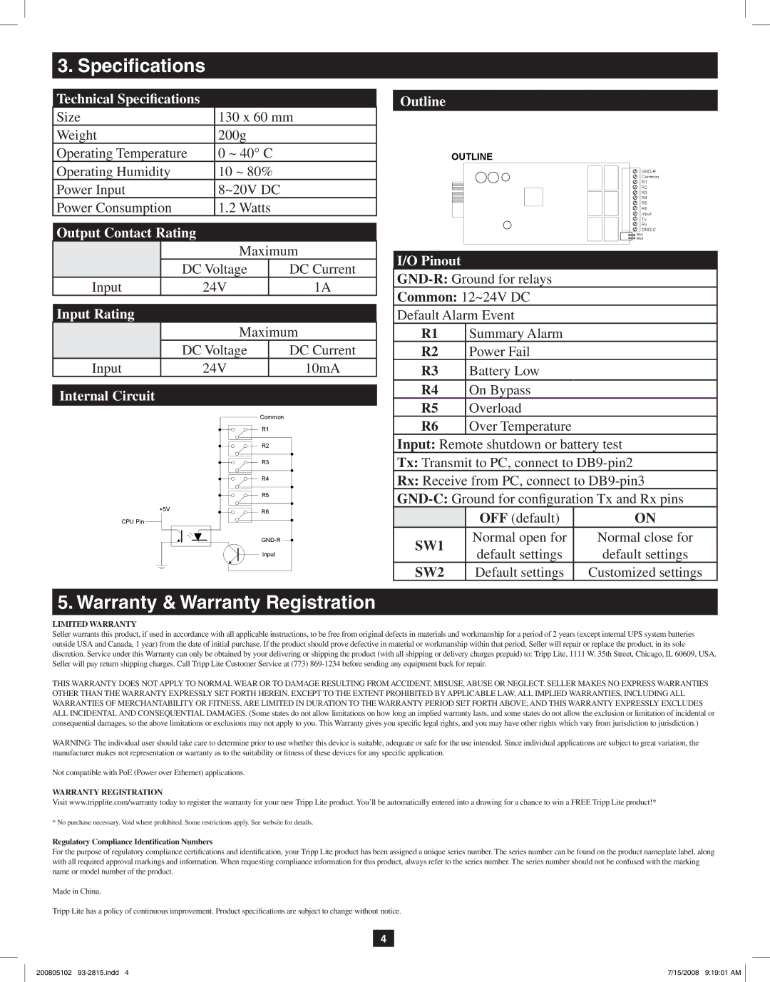 Tripp Lite RELAYIOCARD owner manual Specifications, Warranty & Warranty Registration 