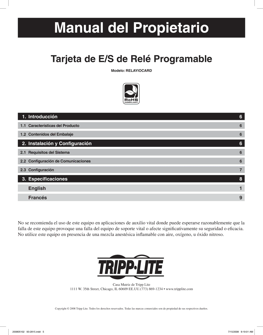 Tripp Lite RELAYIOCARD Tarjeta de E/S de Relé Programable, Introducción, Instalación y Configuración, Especificaciones 