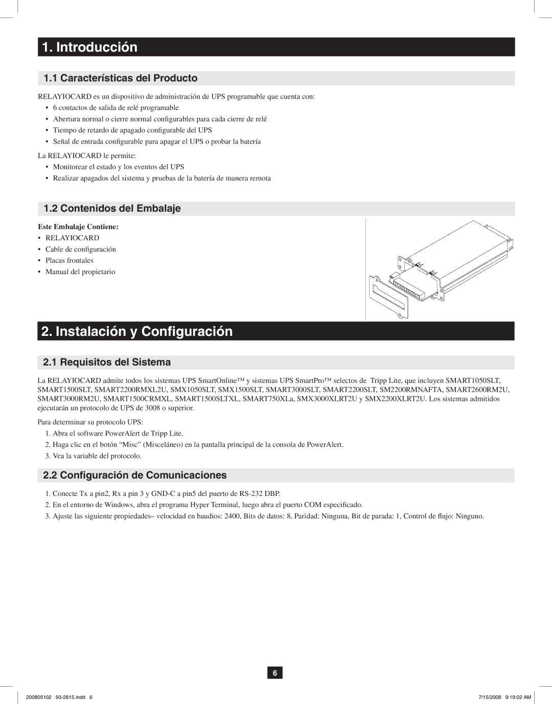 Tripp Lite RELAYIOCARD owner manual Introducción, Instalación y Configuración 