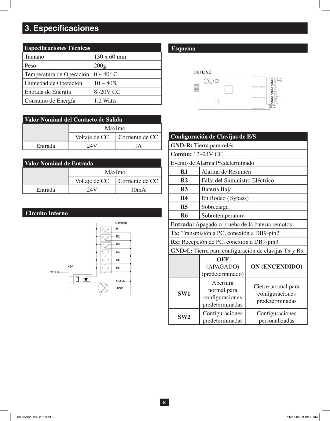 Tripp Lite RELAYIOCARD owner manual Especificaciones 