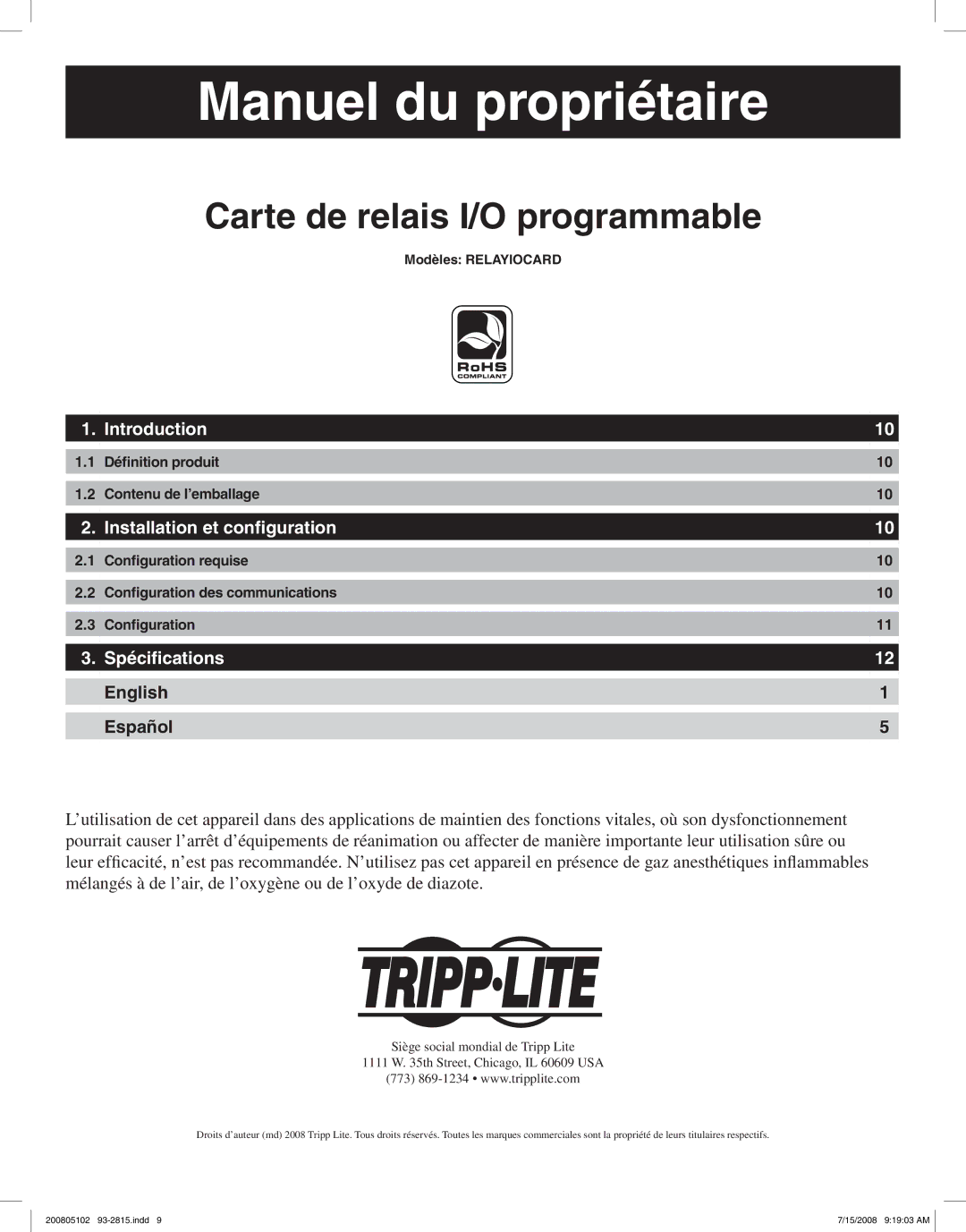 Tripp Lite RELAYIOCARD Carte de relais I/O programmable, Installation et configuration, Spécifications, English Español 